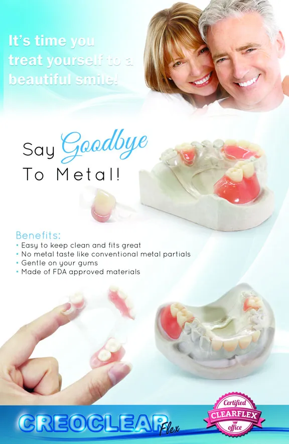 Informational flyer about Clearflex Partial Dentures: a metal-free, comfortable denture alternative; call us today for more information: 631-265-5549