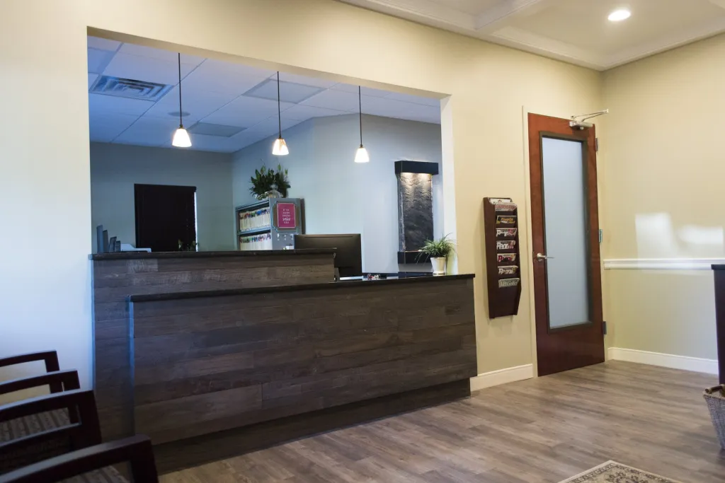 Interior photo: Front desk of North Country Smiles' new office in St James, NY